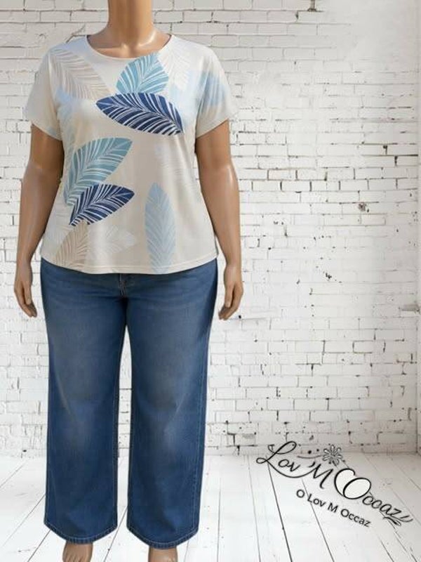 T-shirt Fluide Écru à Motifs Grandes Feuilles – Taille 5 (48/50)