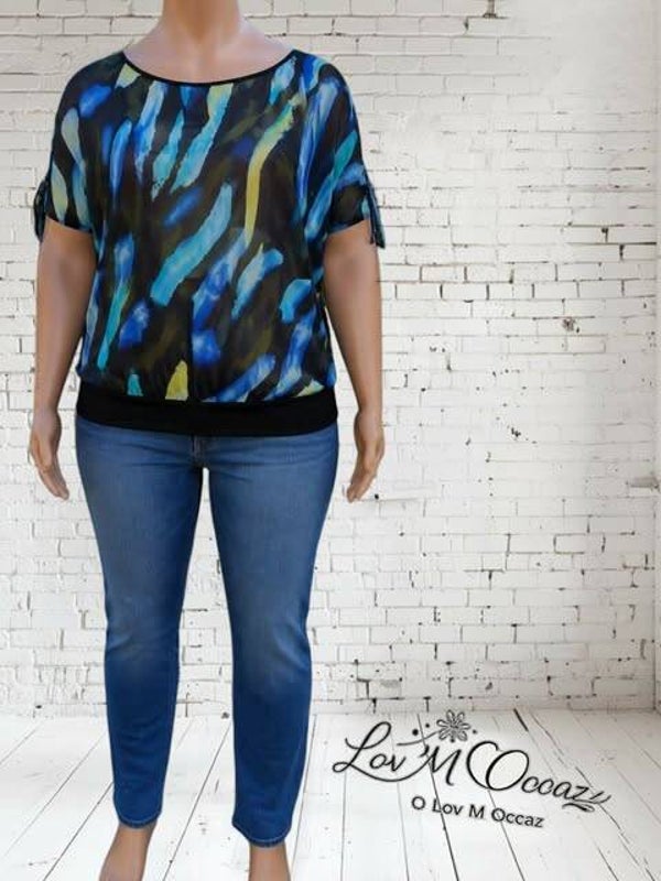 ✨ Blouse Yessica fluide noire et multicolore – Taille 50/52 ✨