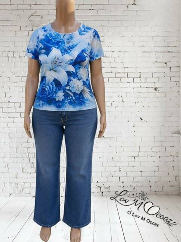 T-shirt fluide bleu motif floral & petit oiseau – Taille XXL