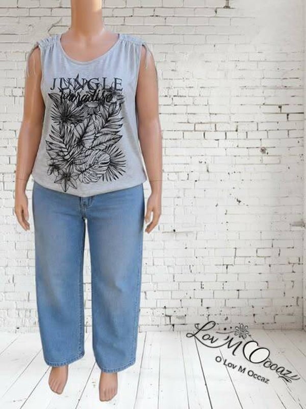 🌴 Débardeur femme gris chiné « Jungle Paradise » – Taille 48/50