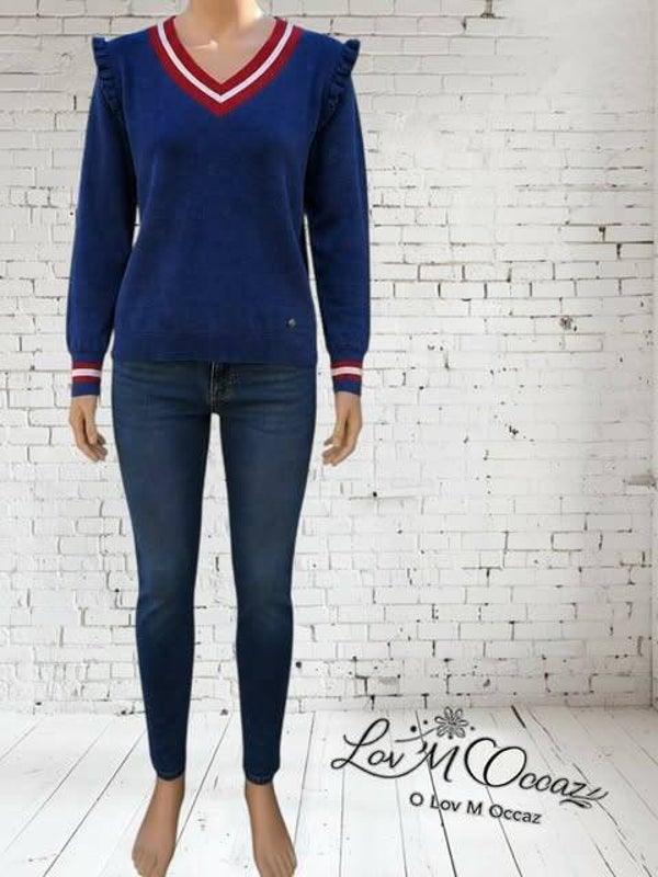 💙 Pull col V rayé Kappal – Bleu marine – Taille XL