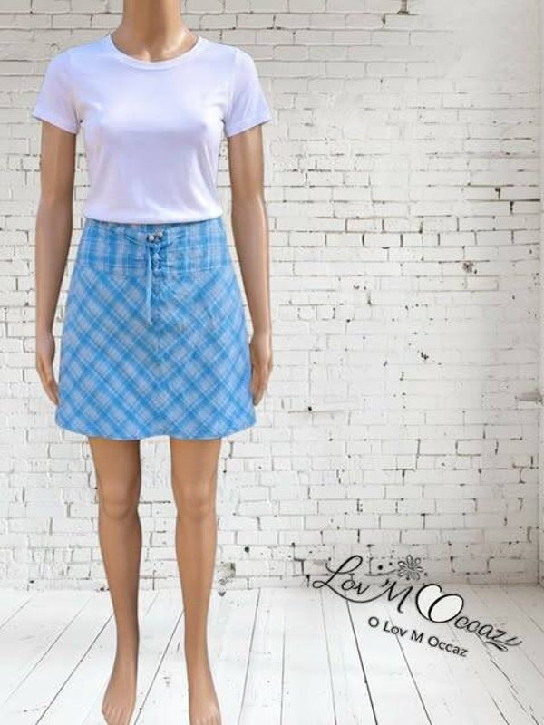 👗 Jupe trapèze d’été bleue à carreaux – Taille 42