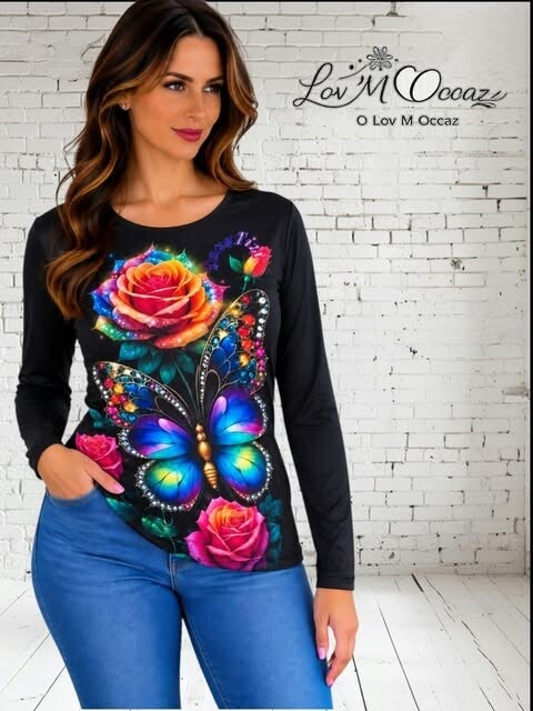 🦋 Top femme manches longues noir motif papillon et roses – Taille XL