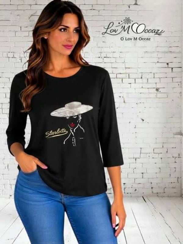 🖤 Haut noir manches 3/4 brodé « Starlette » – Taille 4