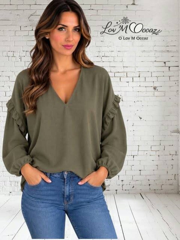 🌿 Blouse femme kaki à volants – Kiabi – Taille XL