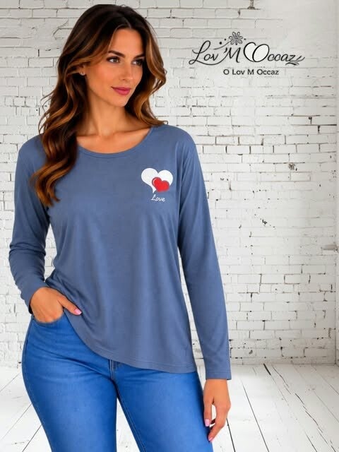 💙 Top manches longues gris bleuté – Détail « Love » – Taille XL