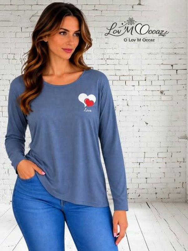 💙 Top manches longues gris bleuté – Détail « Love » – Taille XL