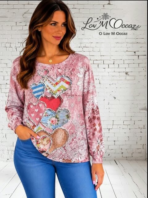 💗 Sweat léger / Top femme manches longues imprimé cœurs – Taille XL