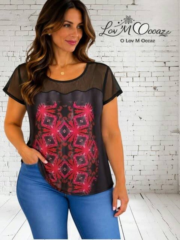 👚 T-shirt fluide noir, rouge & rose – Motif graphique – Taille L/XL (42/44)