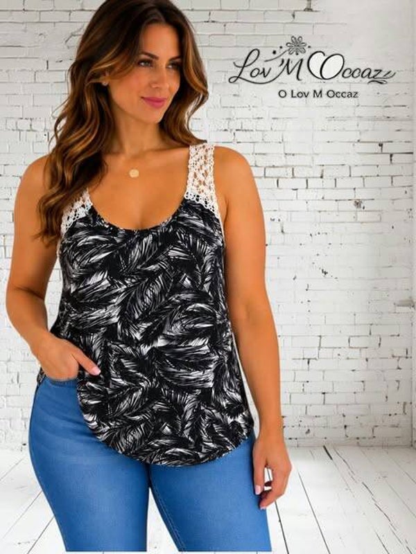 Débardeur Fluide Noir à Motifs Tropical & Dos Dentelle – Atmosphère – Taille 42