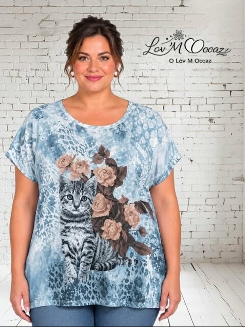 🐱 T-shirt fluide chat & roses argentées – Meggie – Taille 44/46