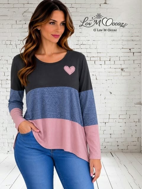 ❤️ Tunique Tricolore à Manches Longues – Détail Cœur – Taille XL / convient jusqu'au petit 2XL (voir mesures)