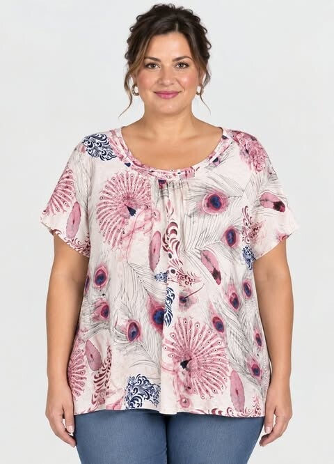 👚 Top fluide imprimé plumes de paon – Xiu Da – Taille 44/46