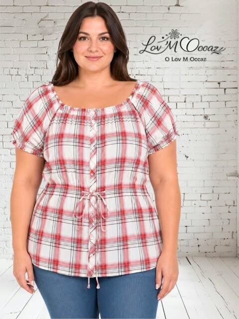 🌸 Tunique femme à carreaux rouge et blanc – Style bohème – Coupe ample