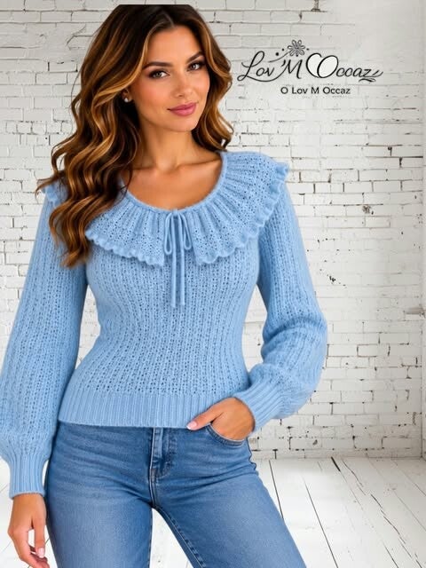 💙 Pull fait main au crochet bleu ciel – Pièce unique