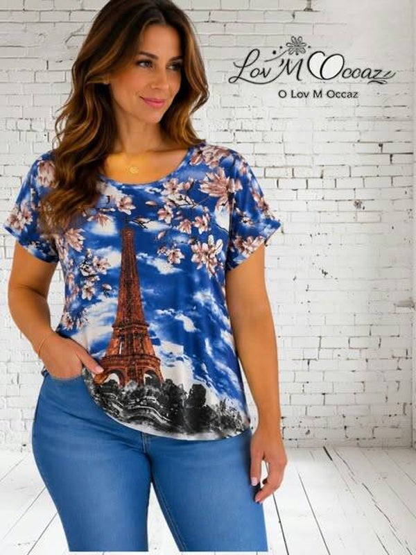 👚 Top manches courtes imprimé Tour Eiffel & fleurs – Meggie – Taille XL/XXL (estimée)