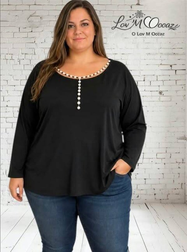 🖤 Blouse noire avec détails perles – Taille 54/56
