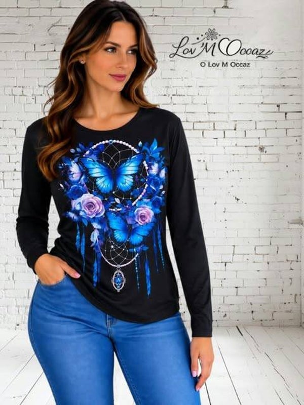 🦋 Top femme manches longues noir motif attrape-rêve et papillons bleus – Taille XL