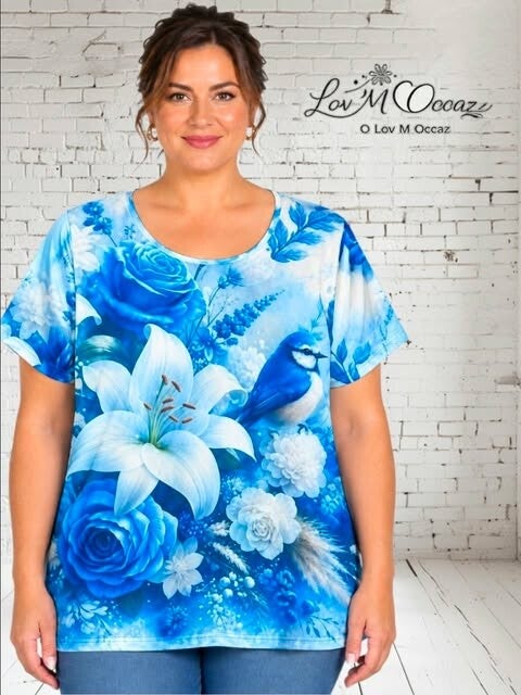 T-shirt fluide bleu motif floral & petit oiseau – Taille XXL