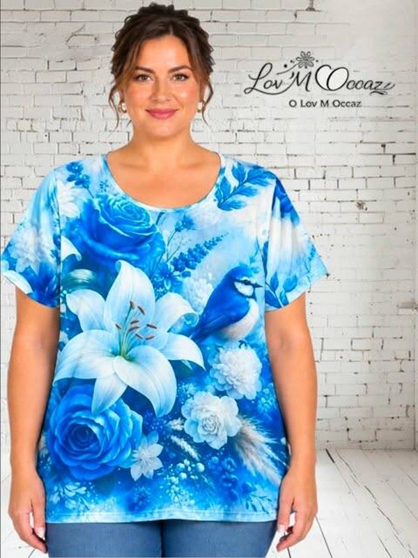 T-shirt fluide bleu motif floral & petit oiseau – Taille XXL