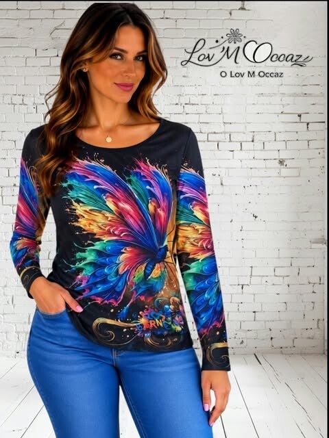 🦋 Haut femme manches longues motif papillon multicolore – Taille XL