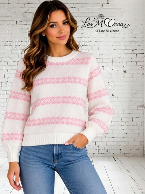 🤍 Pull fait main vintage – Blanc & motifs saumon – Taille XS/S