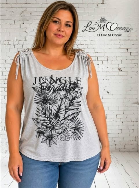 🌴 Débardeur femme gris chiné « Jungle Paradise » – Taille 48/50
