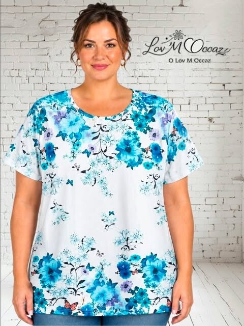 👚 T-shirt fluide blanc à imprimé floral bleu & papillons – Taille XXL