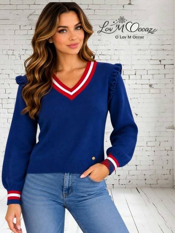 💙 Pull col V rayé Kappal – Bleu marine – Taille XL