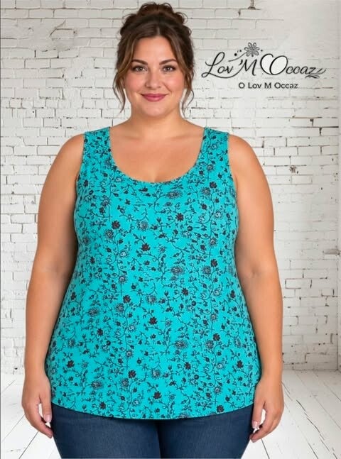 Débardeur fluide bleu ciel à motifs floraux – Taille 48/50