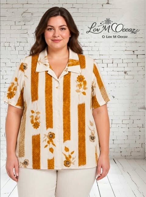 🤎 Blouse femme Afibel blanche et marron imprimée – Taille 48
