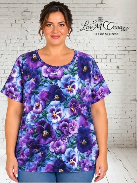T-shirt Fluide Violet à Motif Floral Pensées – Taille XXL