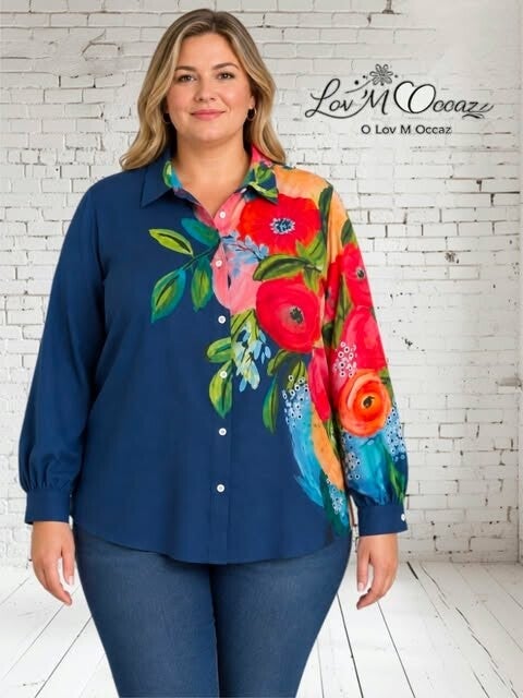 🌺 Blouse femme bleu marine à motifs floraux – Taille 2XL (46/48)
