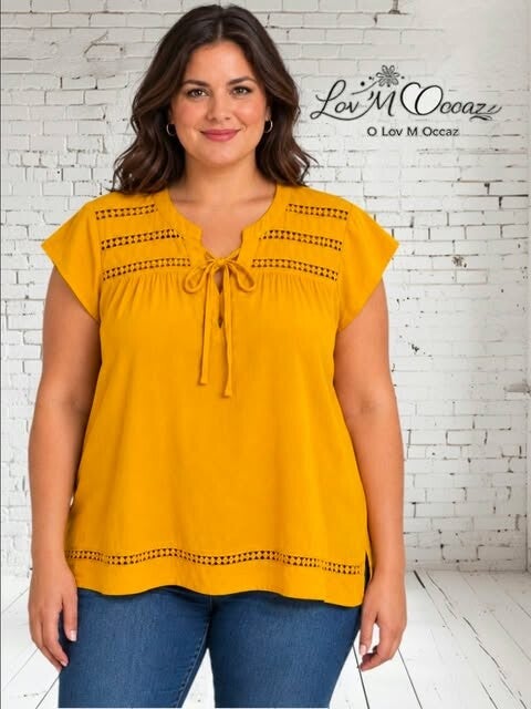💛 Blouse bohème jaune moutarde à détails ajourés – Modavista taille 44/46