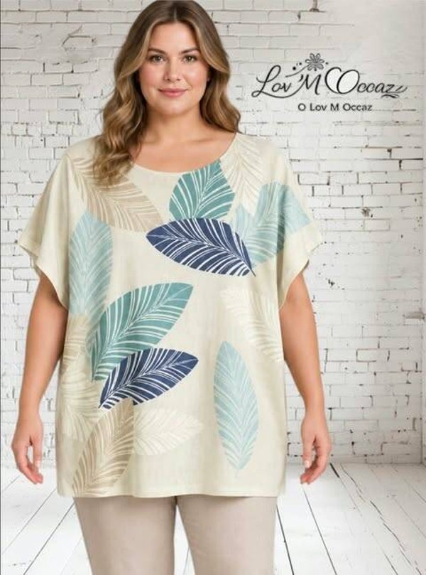 T-shirt Fluide Écru à Motifs Grandes Feuilles – Taille 5 (48/50)