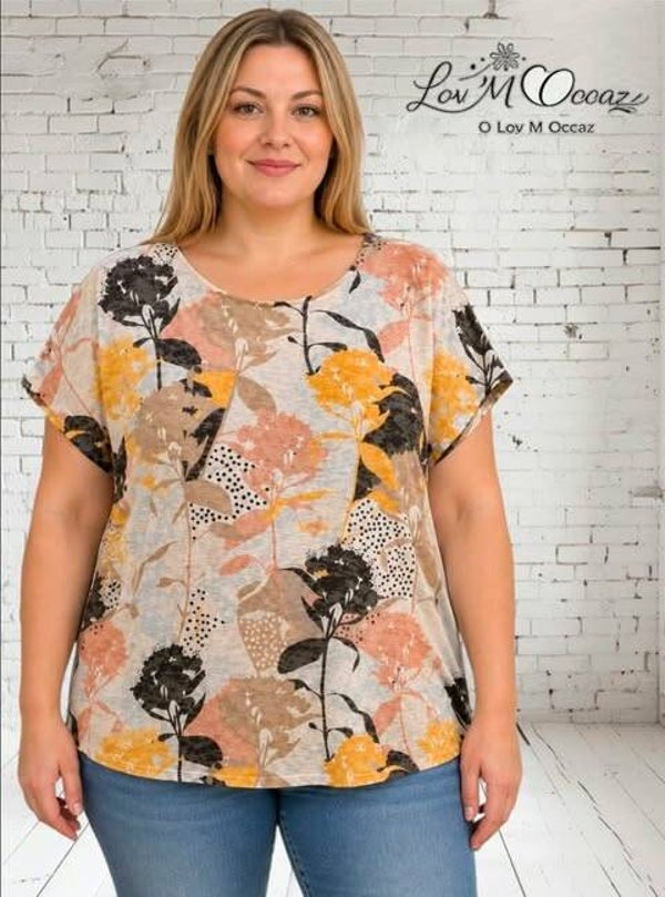 👚 T-shirt fluide pastel à motif végétal & plumetis – Taille 48/50