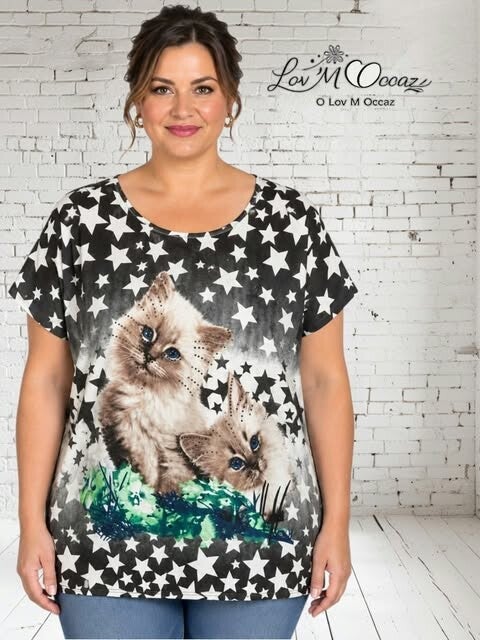 🐱 T-shirt fantaisie chats et étoiles – R&F – Taille 44/46