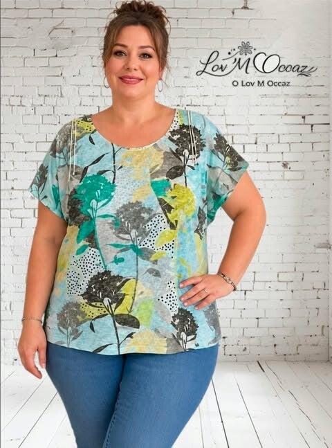 T-shirt Fluide Multicolore Motif Végétal & Strass – Taille 48/50