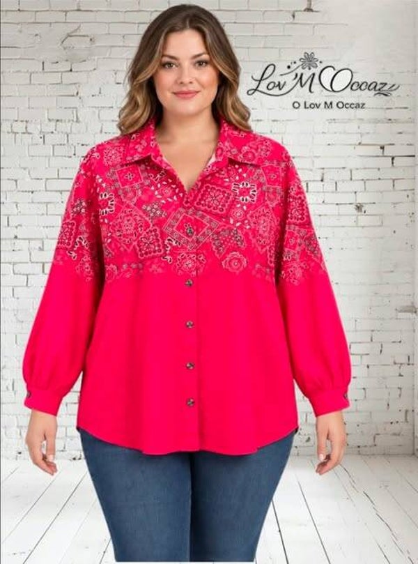 ❤️ Blouse femme épaisse imprimée rouge/fuchsia – Taille 46/48