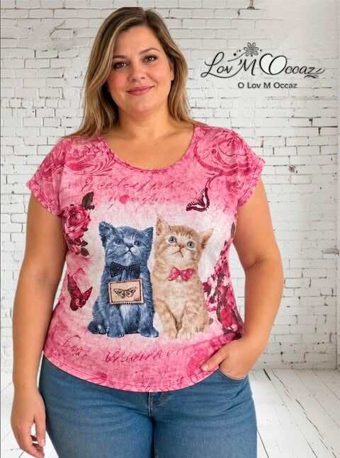 🐱 T-shirt fantaisie Chats & Strass – Taille 48/50