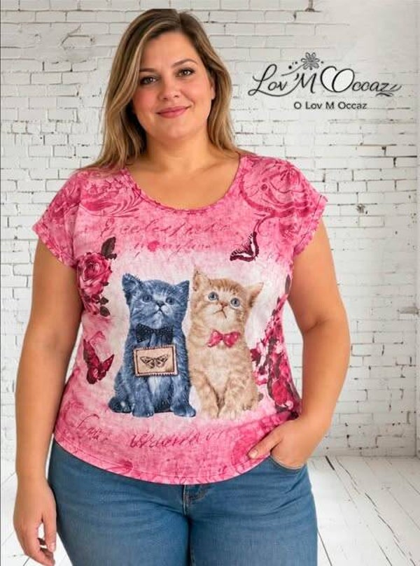 🐱 T-shirt fantaisie Chats & Strass – Taille 48/50