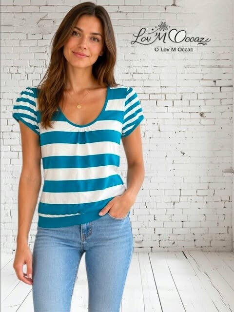 👚 T-shirt femme Patrice Bréal – Vert turquoise & blanc – Taille M / 38