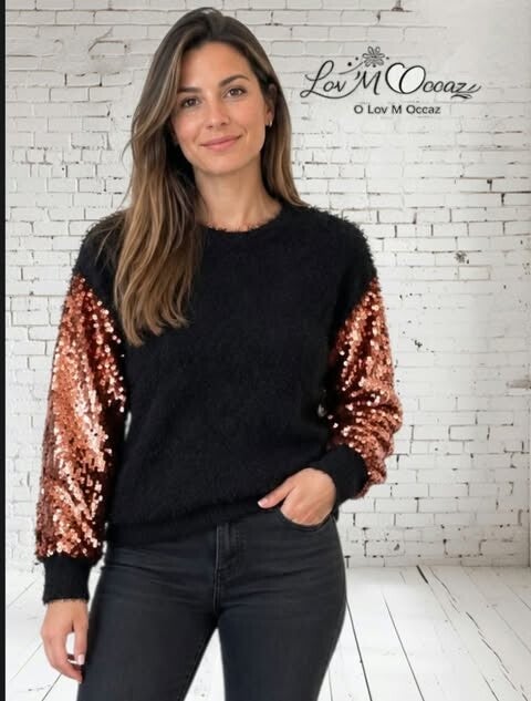 ✨ Pull festif Tally Weijl noir à sequins dorés et cuivrés – Taille M / 38 ✨