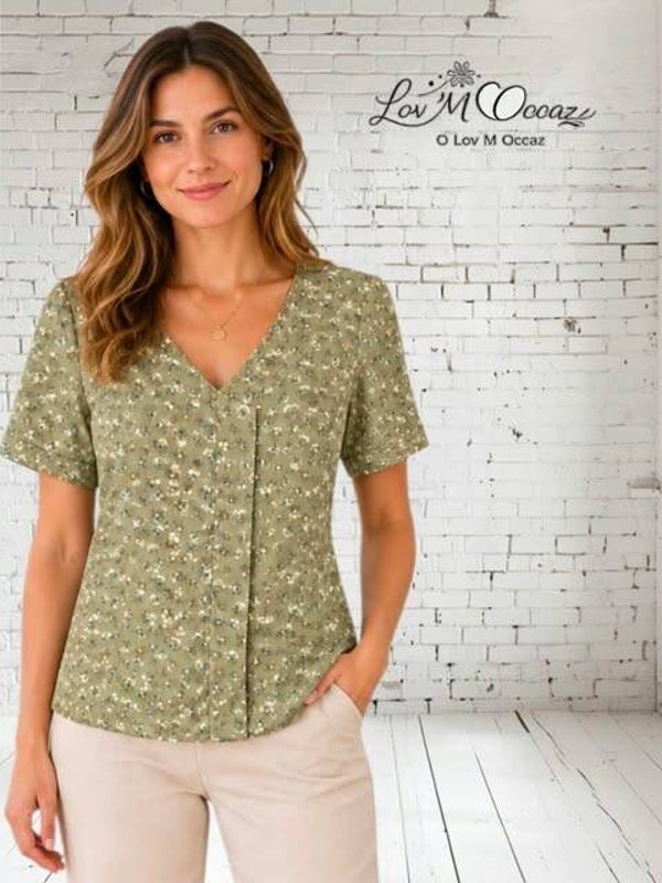 🌿 Blouse femme Jodhpur kaki satinée à motifs fleuris – Taille M
