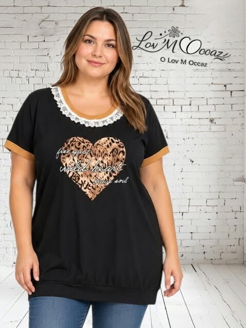 🖤 Tunique femme noire cœur léopard et dentelle – Taille 44/46