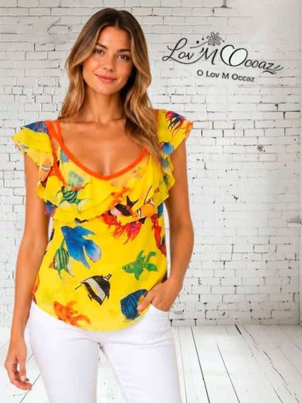 🐠 Blouse femme jaune imprimé poissons tropicaux – Miss Poem – Taille S