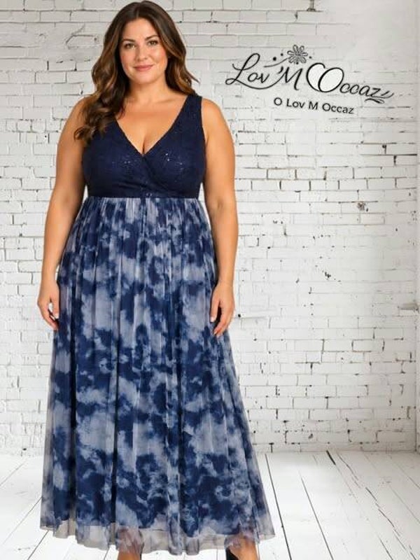 💙 Robe longue SHEIN bleu marine et imprimé nuages – Taille 46