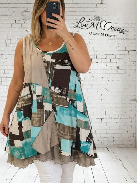 🌸 Débardeur long femme patchwork turquoise, marron et beige – Taille 44/46