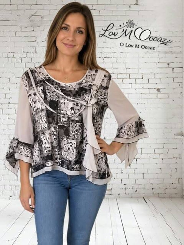 🌸 Blouse femme noir, blanc et gris – XEO DMJ Fashion – Taille S-M