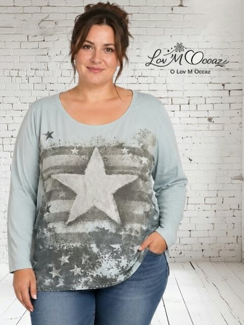 Tee-shirt femme bpc selection vert d’eau à manches longues avec étoile strass – Taille 48/50